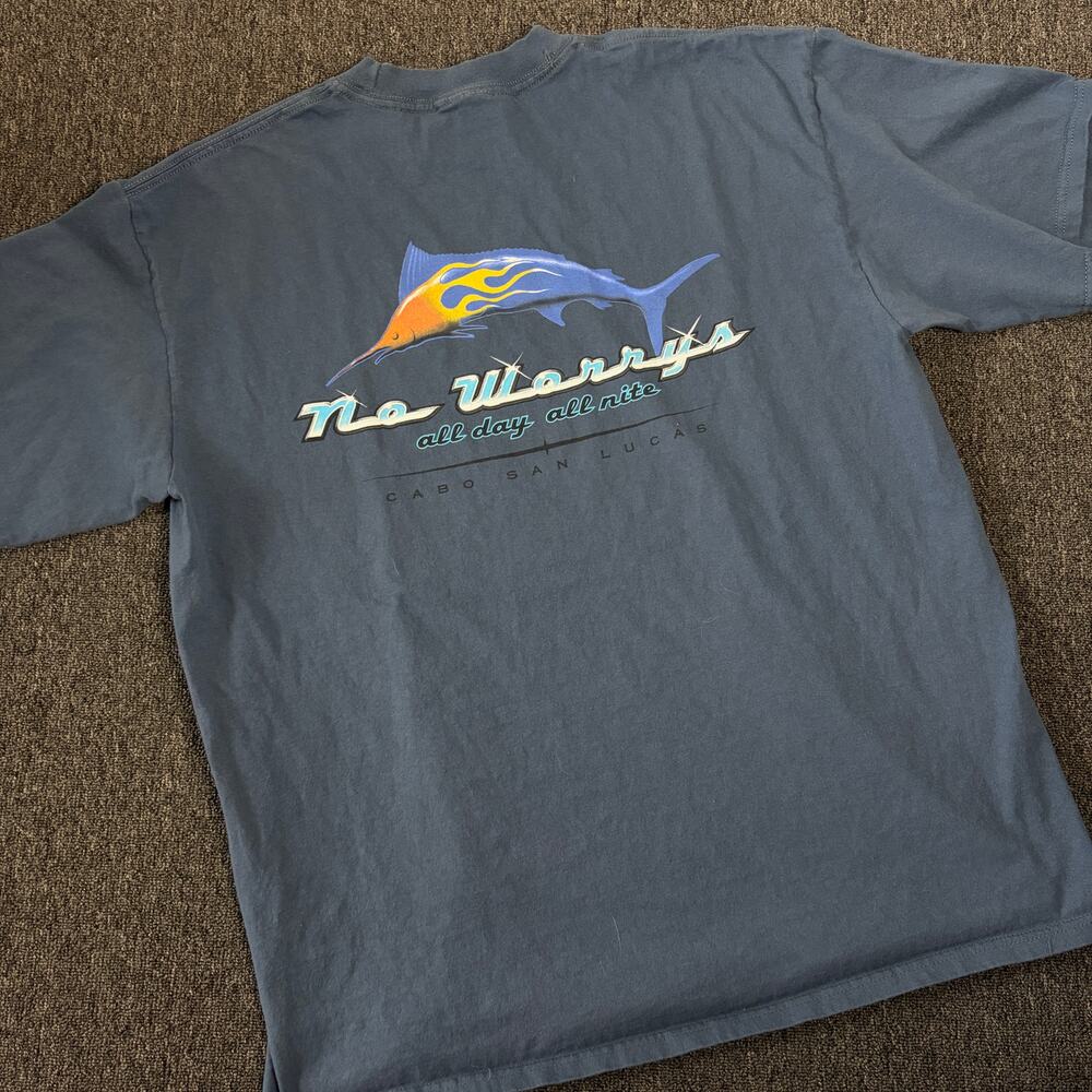 Vintage Y2k No Worrys Cabo San Lucas Surf Beach Graphic Tee Blue XL
